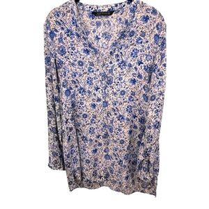 Zara Roll Tab Long Sleeve Blue White Floral Silk Blend Tunic Top Size Medium
